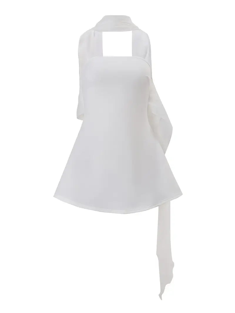 Women's Sexy French-Inspired Off-Shoulder A-Line Mini Dress with Puff Sleeve Accent - Solid White Sleeveless Boat Neck Back Cutout Party Evening Dress, Machine Washable Summer Formal & Semi-Formal Outfits