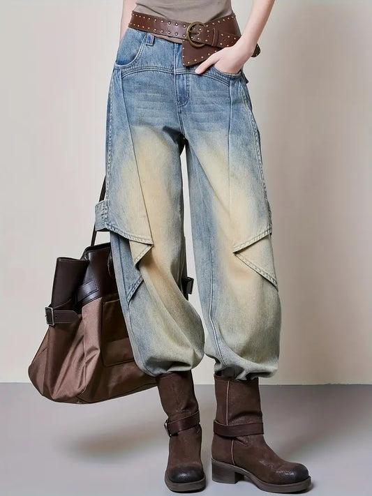 Women's Casual Paper Airplane Washed Denim Pants - Straight-Leg Mid-Calf Length with Ombre Blue to Beige Gradient, Machine Washable Non-Stretch Jeans for Spring/Fall Outings, Spring Fall Clothing, Durable Fabric Jeans