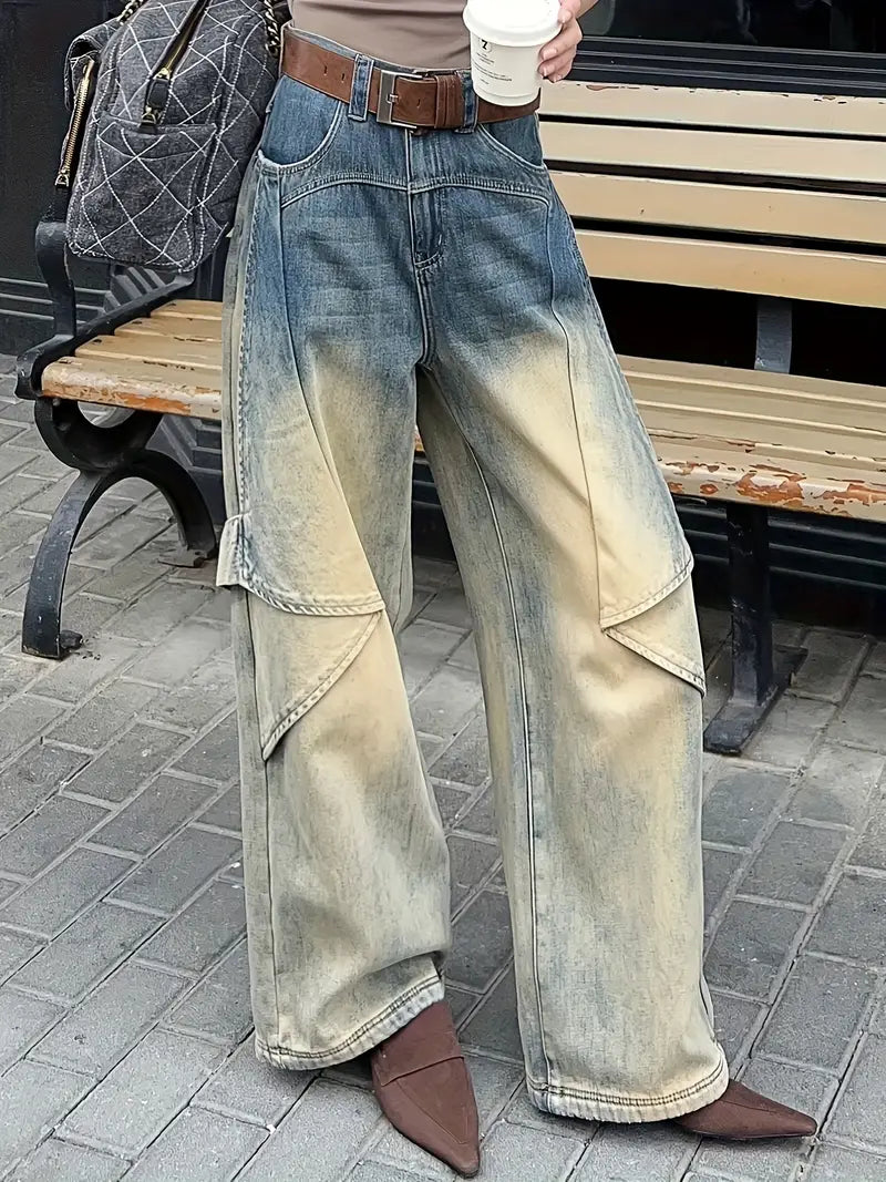 Women's Casual Paper Airplane Washed Denim Pants - Straight-Leg Mid-Calf Length with Ombre Blue to Beige Gradient, Machine Washable Non-Stretch Jeans for Spring/Fall Outings, Spring Fall Clothing, Durable Fabric Jeans