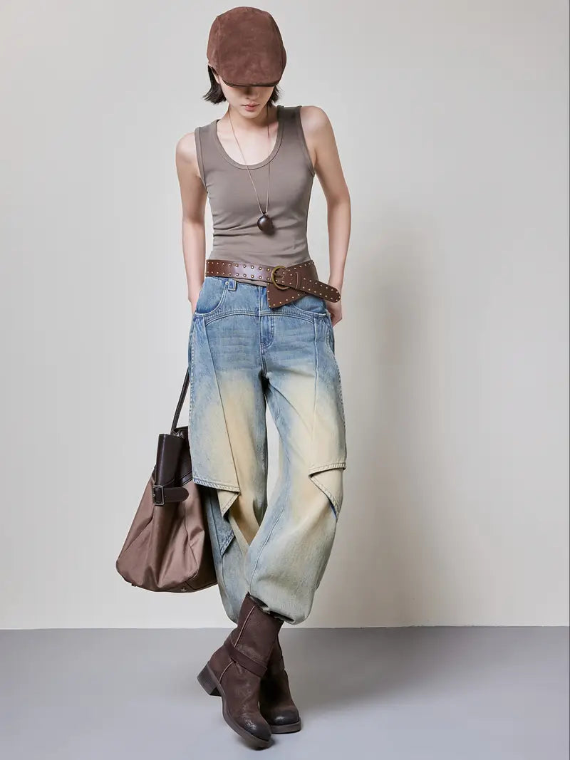 Women's Casual Paper Airplane Washed Denim Pants - Straight-Leg Mid-Calf Length with Ombre Blue to Beige Gradient, Machine Washable Non-Stretch Jeans for Spring/Fall Outings, Spring Fall Clothing, Durable Fabric Jeans