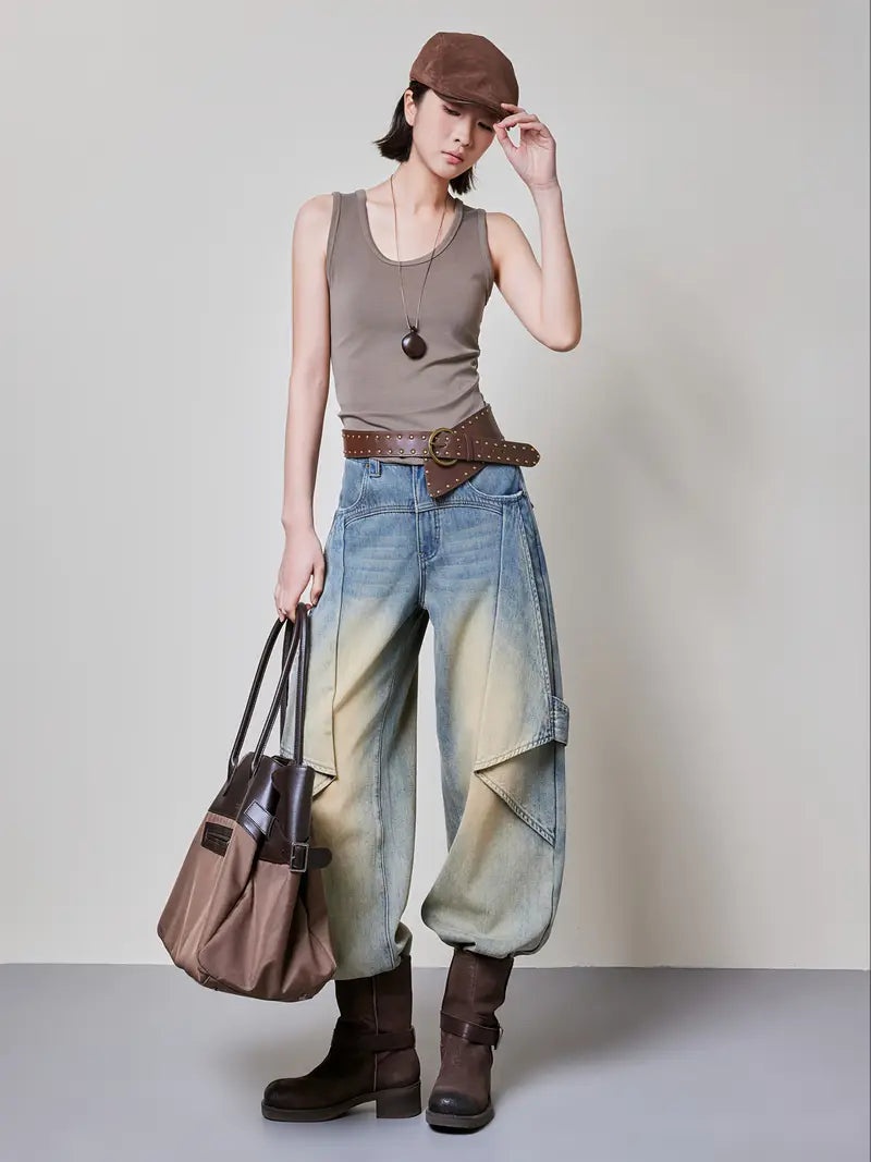 Women's Casual Paper Airplane Washed Denim Pants - Straight-Leg Mid-Calf Length with Ombre Blue to Beige Gradient, Machine Washable Non-Stretch Jeans for Spring/Fall Outings, Spring Fall Clothing, Durable Fabric Jeans