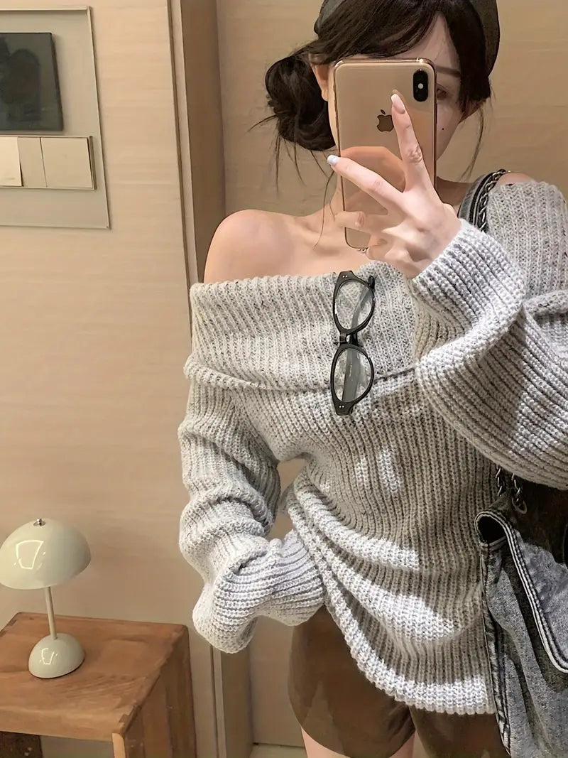 Women's Off-the-Shoulder Sweater - Chic Long Sweater for Petite Women, Soft Tops, Machine Washable Fall/Winter Outfits