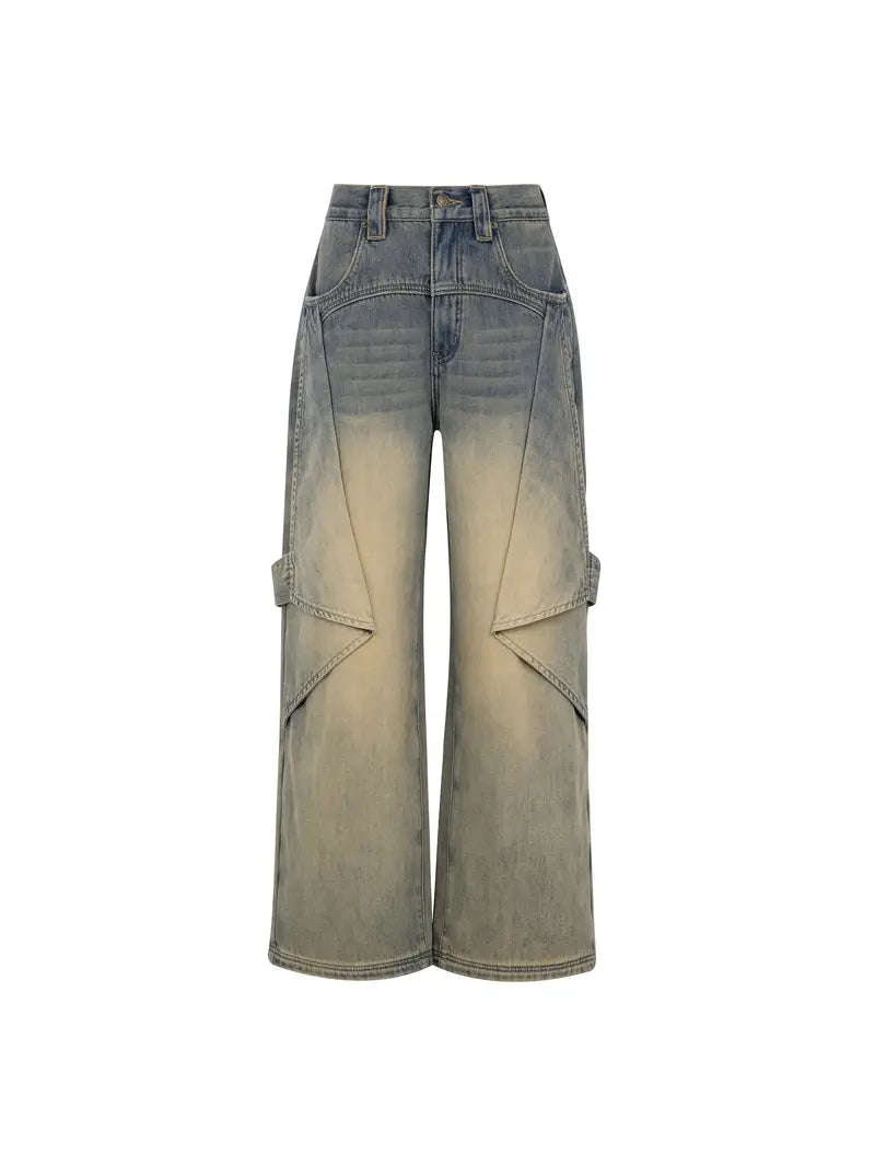 Women's Casual Paper Airplane Washed Denim Pants - Straight-Leg Mid-Calf Length with Ombre Blue to Beige Gradient, Machine Washable Non-Stretch Jeans for Spring/Fall Outings, Spring Fall Clothing, Durable Fabric Jeans