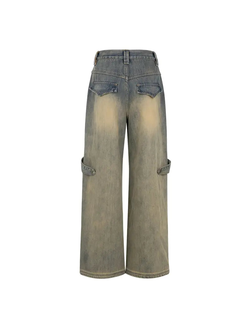 Women's Casual Paper Airplane Washed Denim Pants - Straight-Leg Mid-Calf Length with Ombre Blue to Beige Gradient, Machine Washable Non-Stretch Jeans for Spring/Fall Outings, Spring Fall Clothing, Durable Fabric Jeans