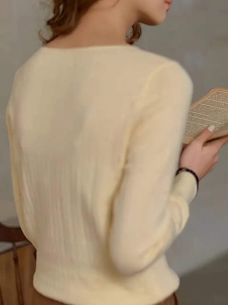 Vintage-Inspired Women's Knit Sweater with Button Details - Long Sleeve, Round Neck, Eyelet Embroidery, Ribbed Texture, Light Yellow, Perfect for Spring and Fall, Allseason Knitwear | Classic Round Neck | Intricate Eyelet Design