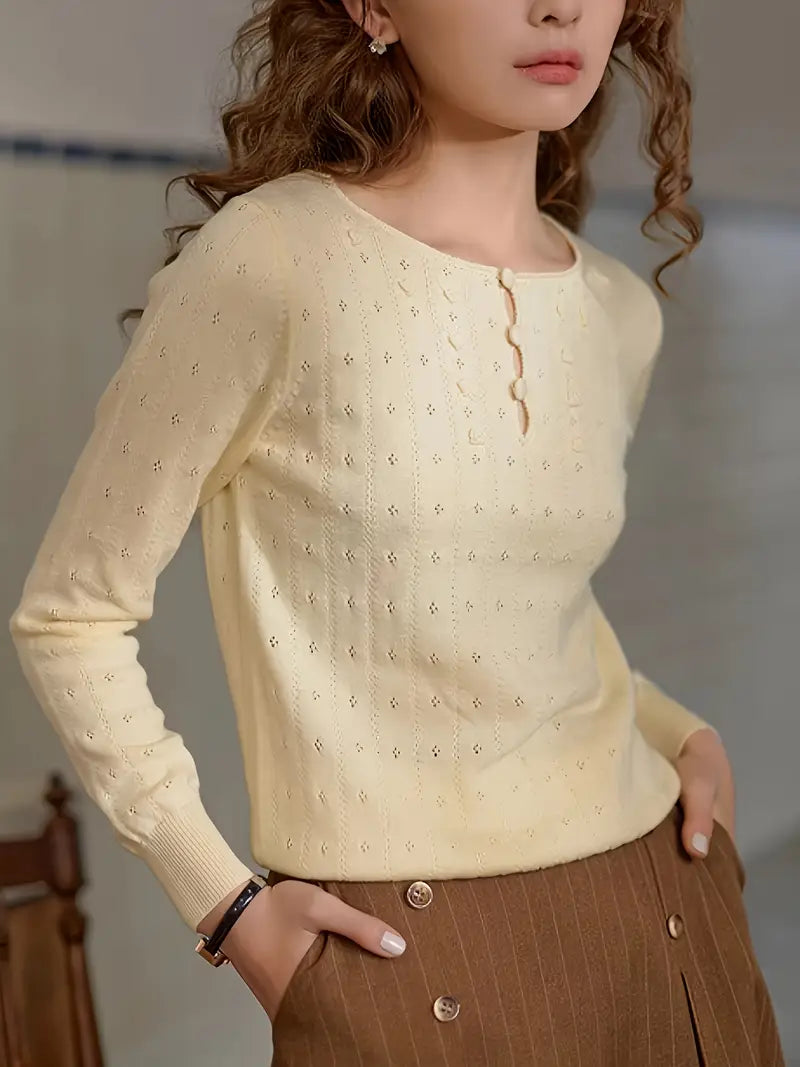 Vintage-Inspired Women's Knit Sweater with Button Details - Long Sleeve, Round Neck, Eyelet Embroidery, Ribbed Texture, Light Yellow, Perfect for Spring and Fall, Allseason Knitwear | Classic Round Neck | Intricate Eyelet Design