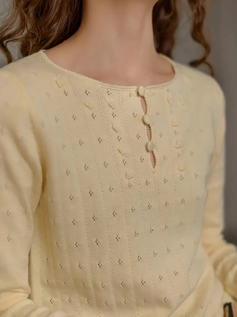 Vintage-Inspired Women's Knit Sweater with Button Details - Long Sleeve, Round Neck, Eyelet Embroidery, Ribbed Texture, Light Yellow, Perfect for Spring and Fall, Allseason Knitwear | Classic Round Neck | Intricate Eyelet Design