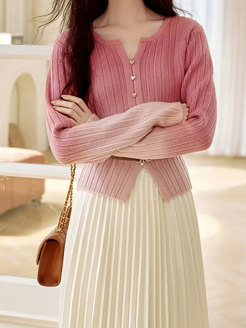 Women's Dopamine Pink Ombre Sweater - Elegant V-Neck Long Sleeve with Faux Buttons, Medium Stretch & Lightweight Design for Spring/Fall Layering, Spring Fall Apparel, Ribbed Texture