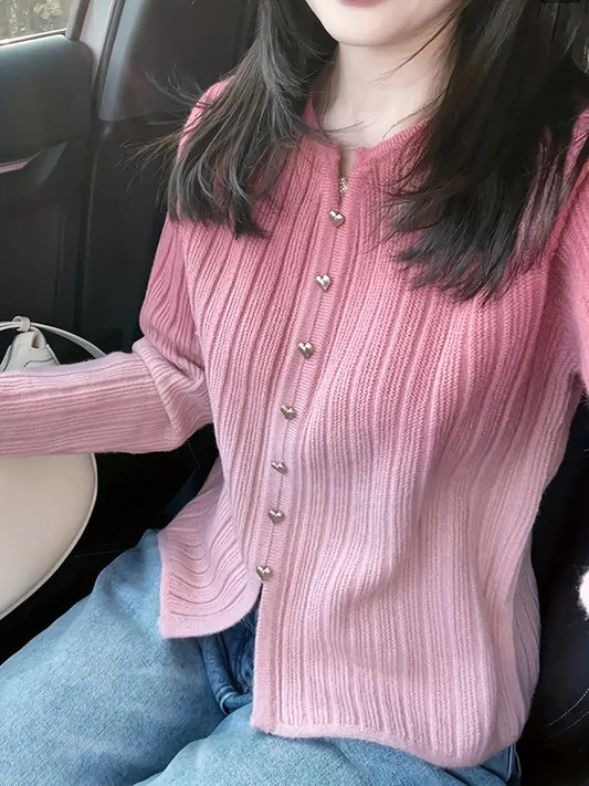 Women's Dopamine Pink Ombre Sweater - Elegant V-Neck Long Sleeve with Faux Buttons, Medium Stretch & Lightweight Design for Spring/Fall Layering, Spring Fall Apparel, Ribbed Texture