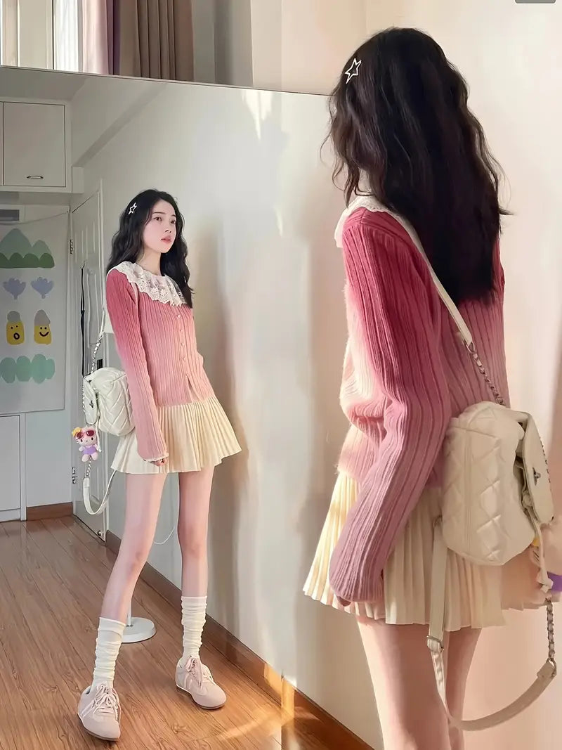 Women's Dopamine Pink Ombre Sweater - Elegant V-Neck Long Sleeve with Faux Buttons, Medium Stretch & Lightweight Design for Spring/Fall Layering, Spring Fall Apparel, Ribbed Texture