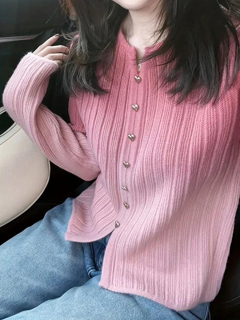 Women's Dopamine Pink Ombre Sweater - Elegant V-Neck Long Sleeve with Faux Buttons, Medium Stretch & Lightweight Design for Spring/Fall Layering, Spring Fall Apparel, Ribbed Texture