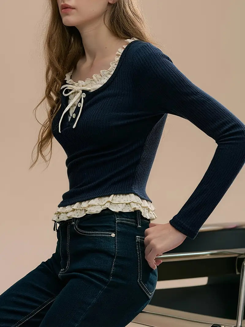 Women's Elegant Japanese-Korean Inspired Mock Two-Piece Color-Block Sweater with Bow Detail & Contrast Collar - Slim Fit Navy Blue & White Ruffle Sleeve Top for Spring/Summer Casual to Formal Wear
