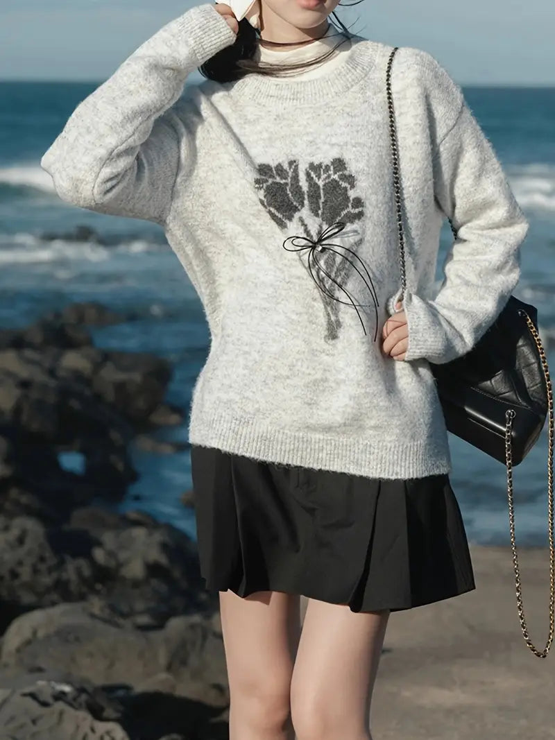 French Atmosphere Tulip Bouquet Jacquard Sweater for Women