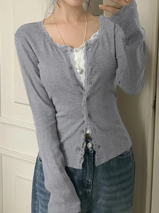 Women'S Lightweight Lace Trim Cardigan - Button-Up Long Sleeve Round Neck Jacket, Soft Spring Summer Fall Layering Piece for Casual or Dressy Outfits, Lace Cardigan