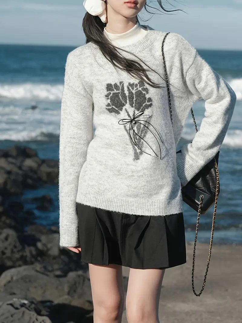 French Atmosphere Tulip Bouquet Jacquard Sweater for Women