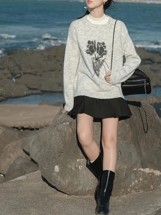 French Atmosphere Tulip Bouquet Jacquard Sweater for Women