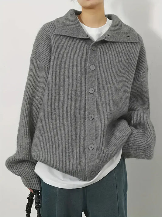 Women's Japanese-Korean Inspired Casual Loose Fit Long Sleeve High Neck Cardigan Sweater - Soft Open Front Button Design, All-Season Versatile Layering Piece for Casual Attire, Sweater Cardigan, Textured Knitwear
