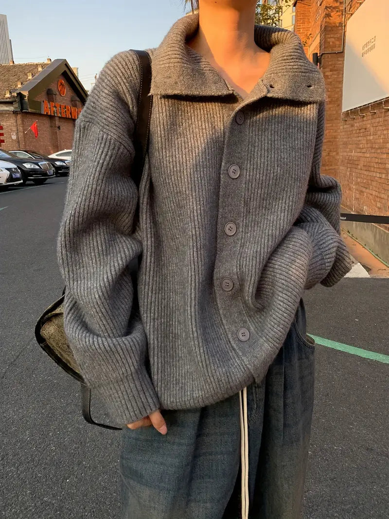 Women's Japanese-Korean Inspired Casual Loose Fit Long Sleeve High Neck Cardigan Sweater - Soft Open Front Button Design, All-Season Versatile Layering Piece for Casual Attire, Sweater Cardigan, Textured Knitwear