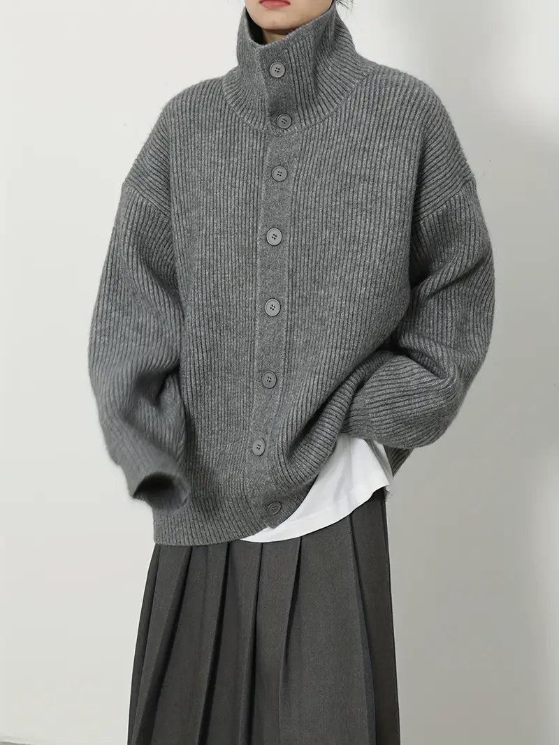 Women's Japanese-Korean Inspired Casual Loose Fit Long Sleeve High Neck Cardigan Sweater - Soft Open Front Button Design, All-Season Versatile Layering Piece for Casual Attire, Sweater Cardigan, Textured Knitwear