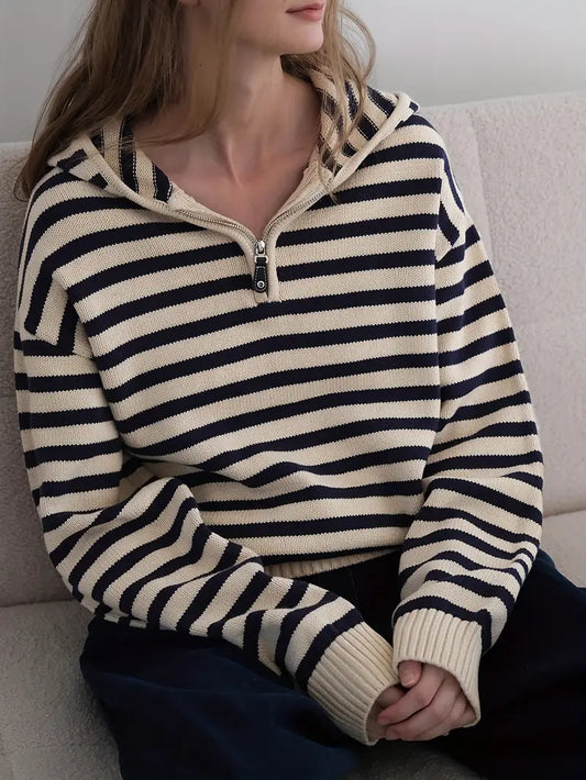 Women'S Hooded Sweater - Beige & Brown Horizontal Stripes, Relaxed Fit Pullover with Half-Zip Front, Cozy Fall/Winter Sweater for Everyday & Formal Outfits