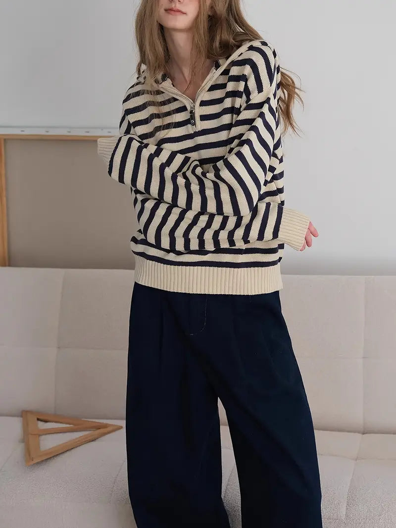Women'S Hooded Sweater - Beige & Brown Horizontal Stripes, Relaxed Fit Pullover with Half-Zip Front, Cozy Fall/Winter Sweater for Everyday & Formal Outfits