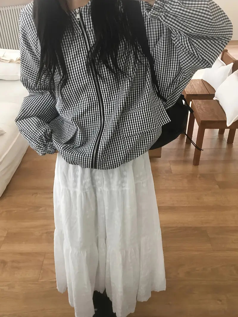 Women'S Lightweight Plaid Hooded Jacket - Casual Chic Long Sleeve Zipper Front Coat with Pockets, Black & White Checkered Pattern, Perfect for Fall/Winter Outings, Fall Winter Apparel | Checkered Pattern Jacket | Zippered Jacket