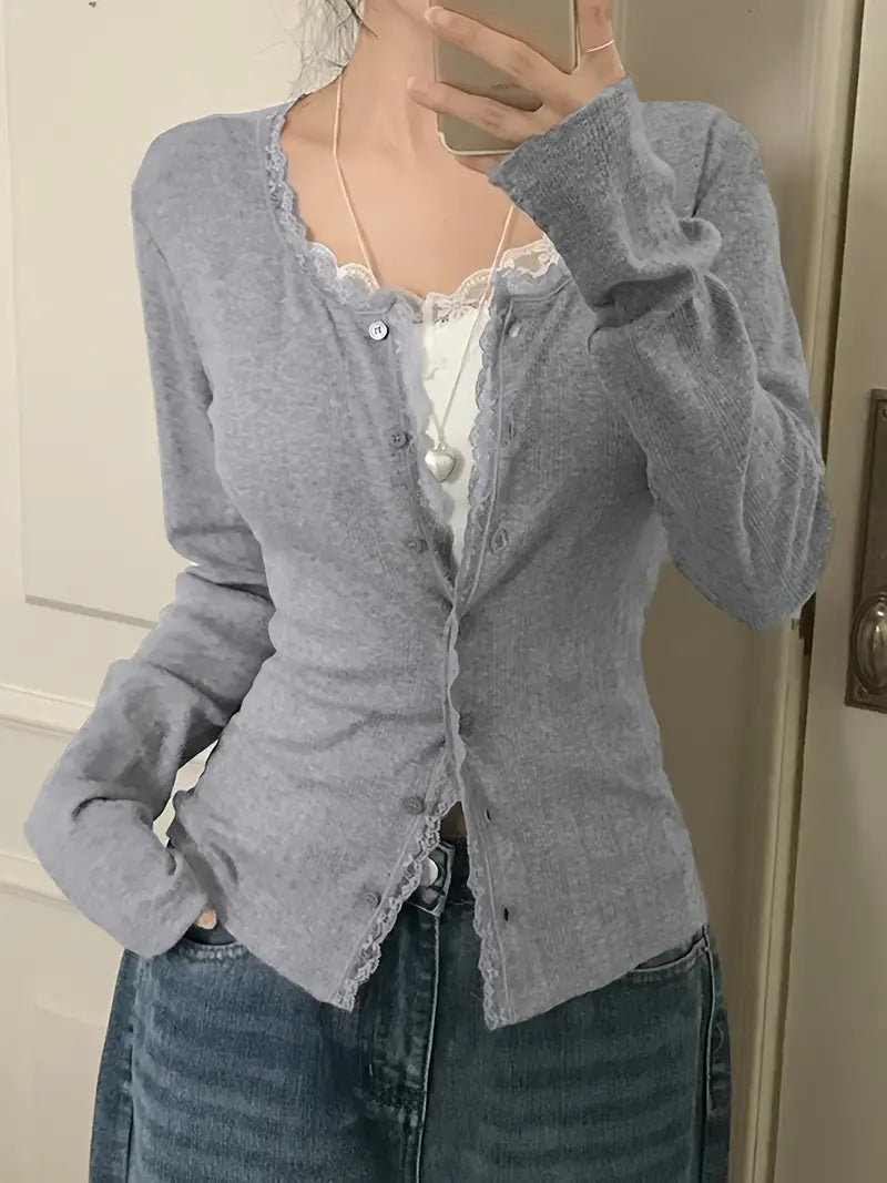 Women'S Lightweight Lace Trim Cardigan - Button-Up Long Sleeve Round Neck Jacket, Soft Spring Summer Fall Layering Piece for Casual or Dressy Outfits, Lace Cardigan